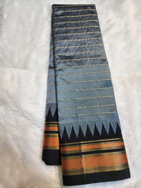 Steel Grey Pure Ilkal Gadwal Silk Saree with Necklace Zari Lines