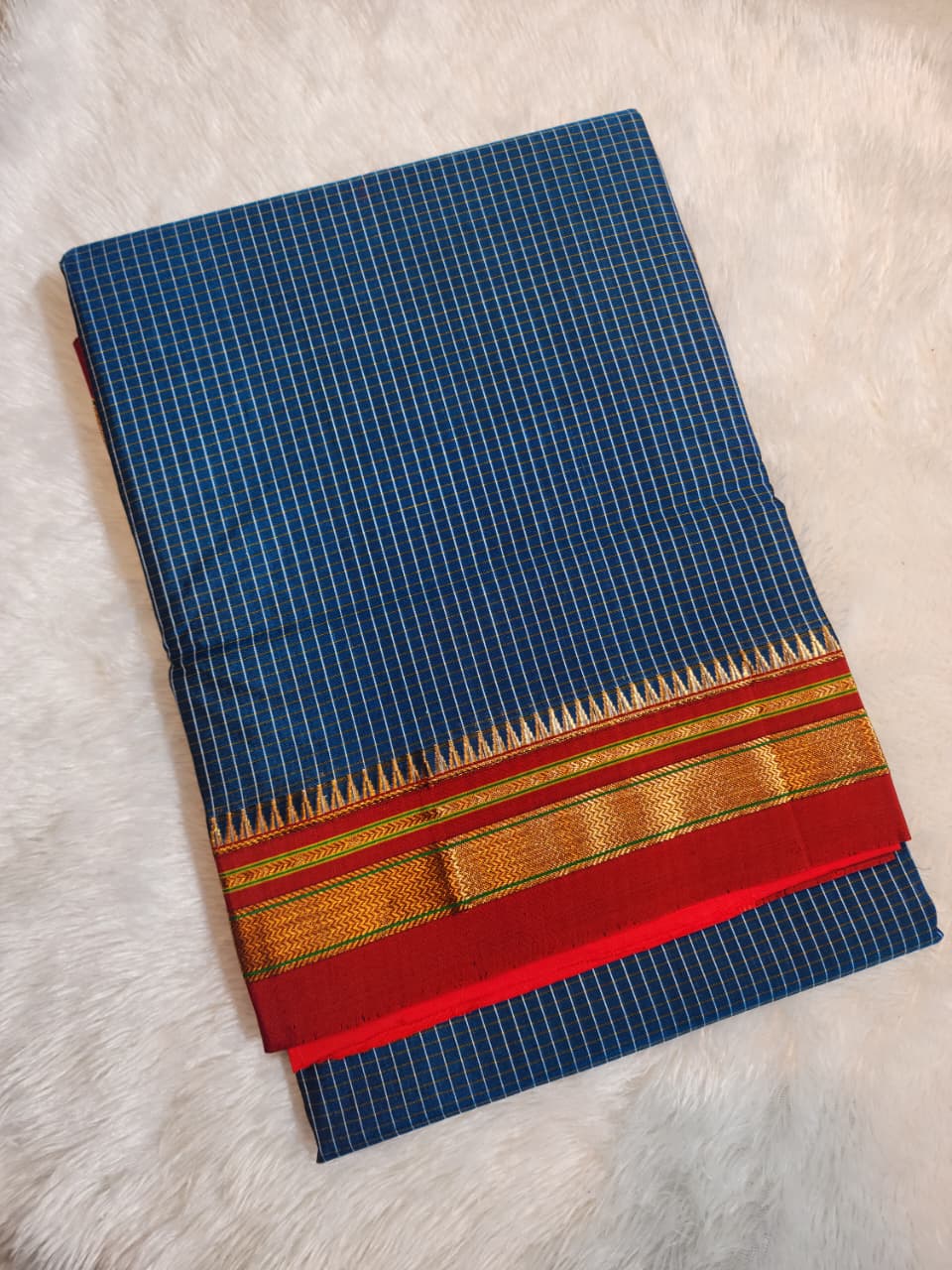 Blue Ilkal Checks Cotton Saree with Thode Paras Border & Silk Pallu