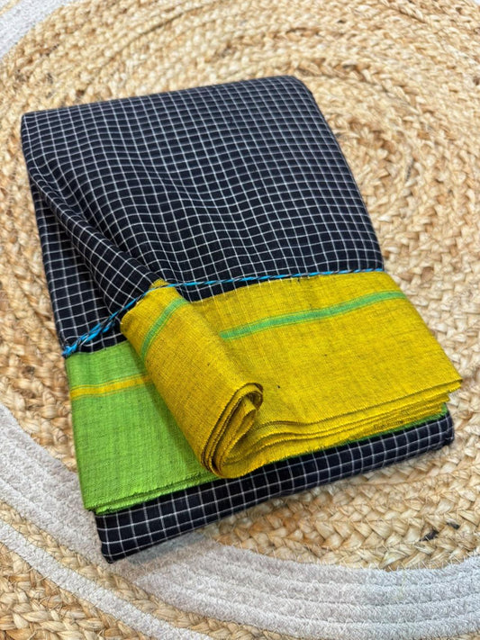 Black - Yellow Green Ilkal handloom Patteda Anchu Saree