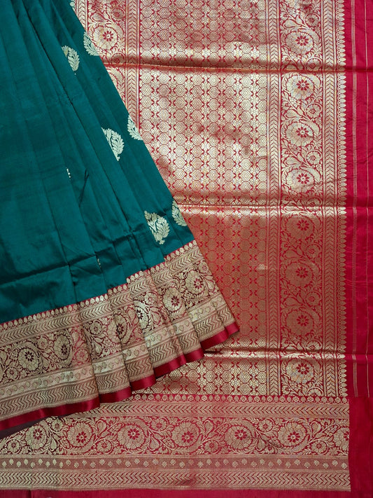 Bottle Green Banarasi Silk Saree with Golden Leaf Motifs