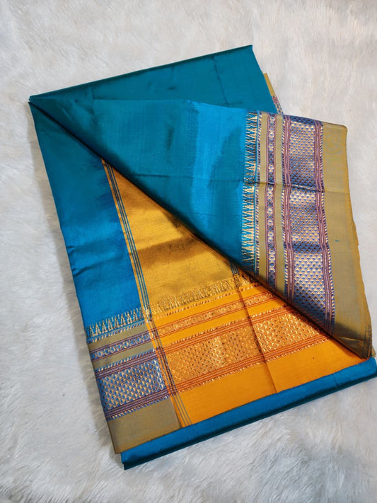 Teal Blue Plain Ilkal silk with Paras Border