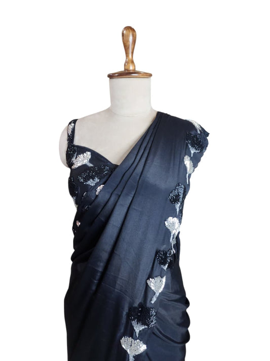 Midnight Sparkle – Party Wear  Saree with Sequin Leaf Work Blouse