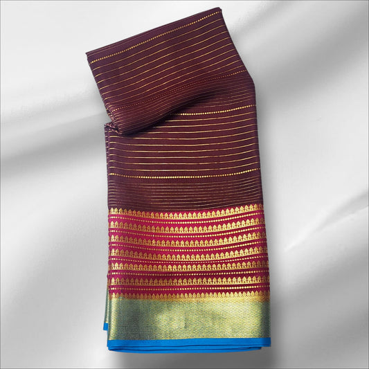 Brown Mysore Silk Saree with Golden Lines