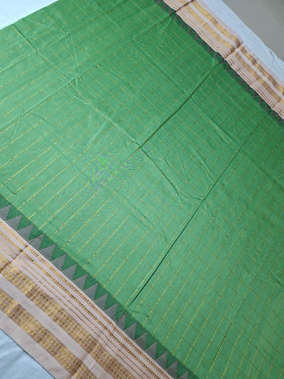 Leaf Green Big Checks Ilkal Saree with Beige Big Border