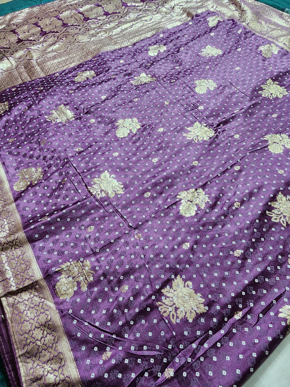 Royal Purple Bandhani-Style Zari Work Saree with Elephant Motif Border