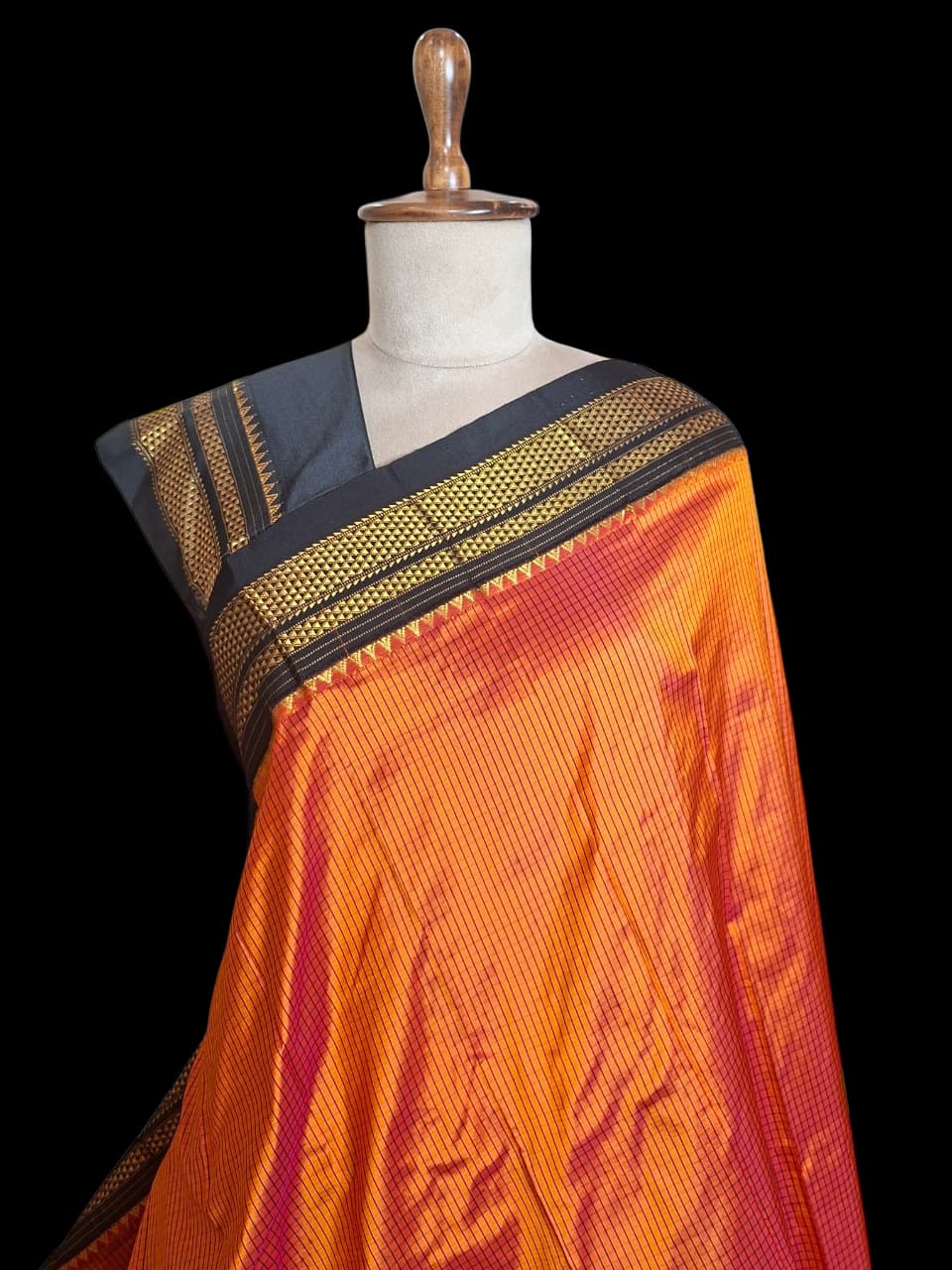 Orange -Black Ragavalli Checks- Ilkal Silk