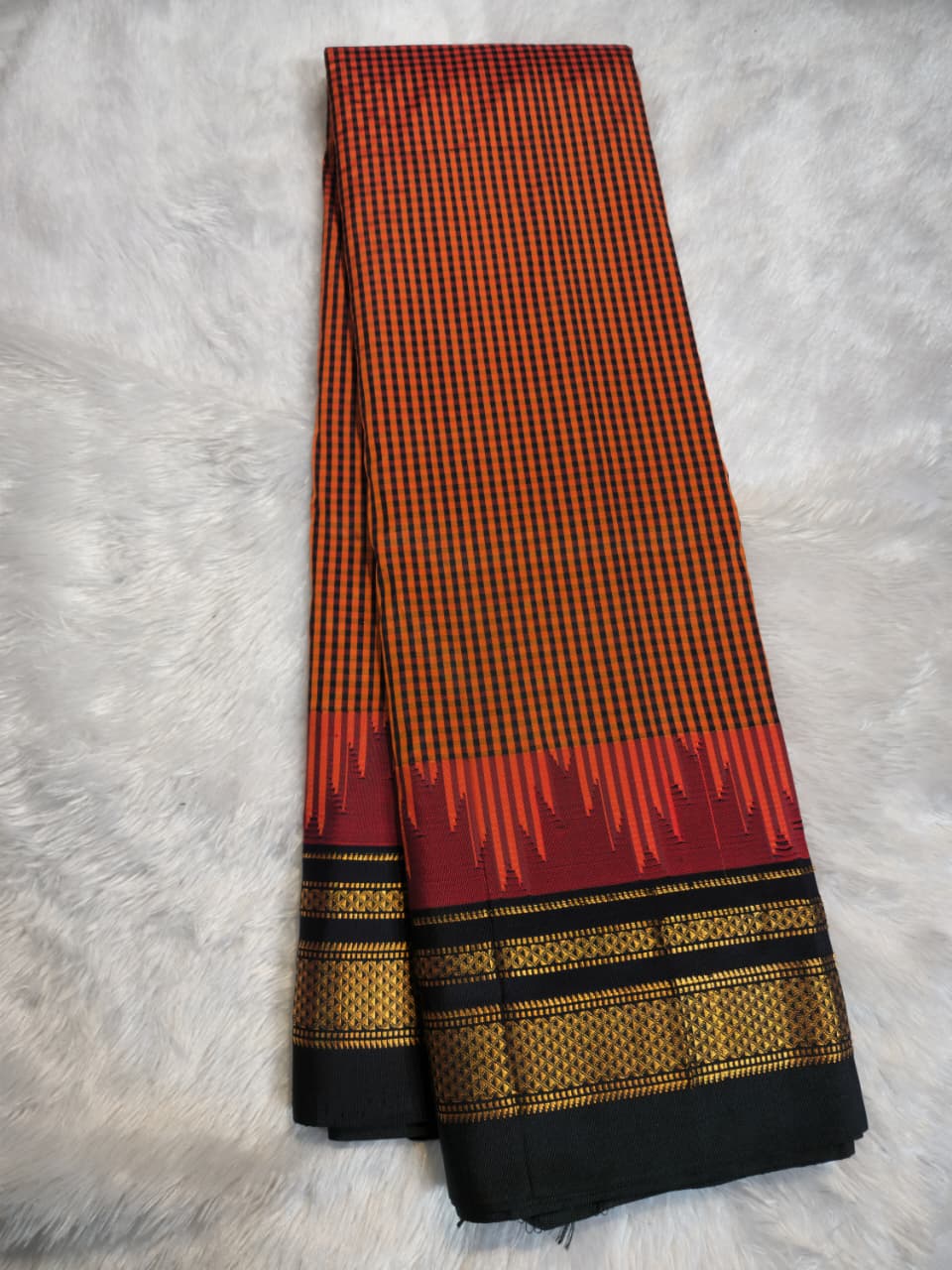 Rust Orange & Black Gadwal Ilkal Pure Silk Satrangi temple Checks