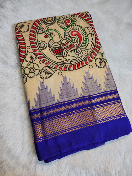 Soft Beige Ilkal–Kalamkari Floral print Fusion Saree