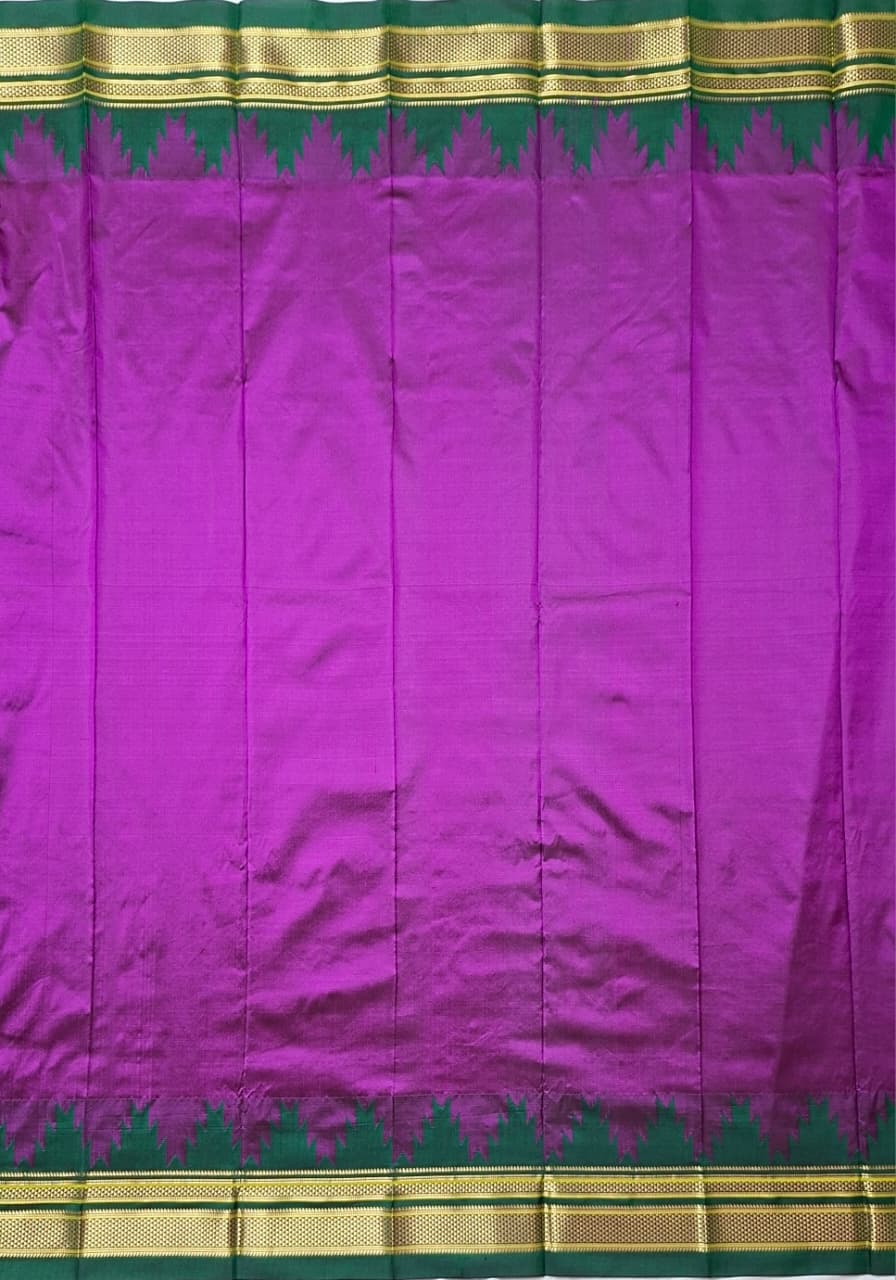 Pink Green plain with temple border ilkal silk