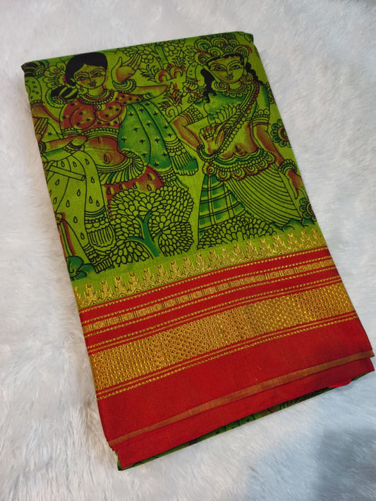 Green Kalamkari Cotton Saree with Red Zari Border