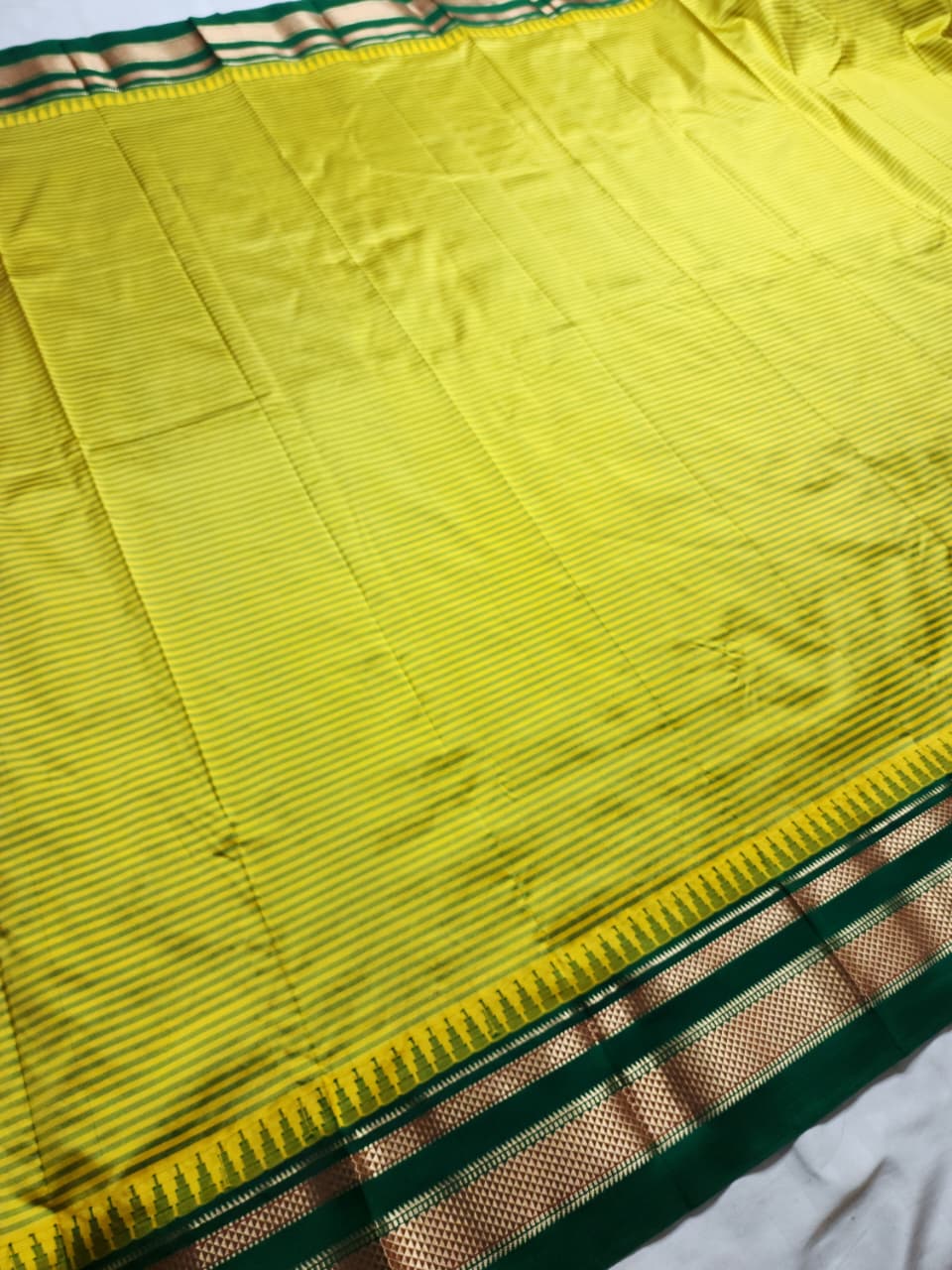 Lime Yellow Gadwal Pure Ilkal Silk Saree with Rapid Stripes