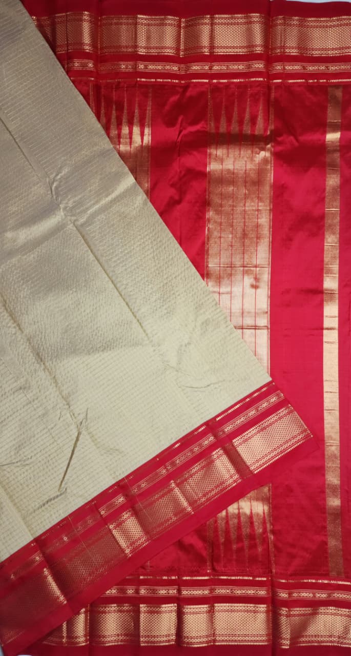 Beige & Red Gadwal Malabar Zari Checks Saree