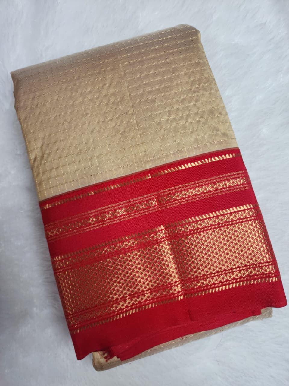 Beige & Red Gadwal Malabar Zari Checks Saree