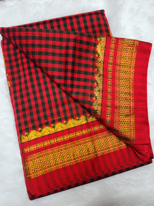 Red and Black Ilkal mini Checks Saree with Rich Pallu