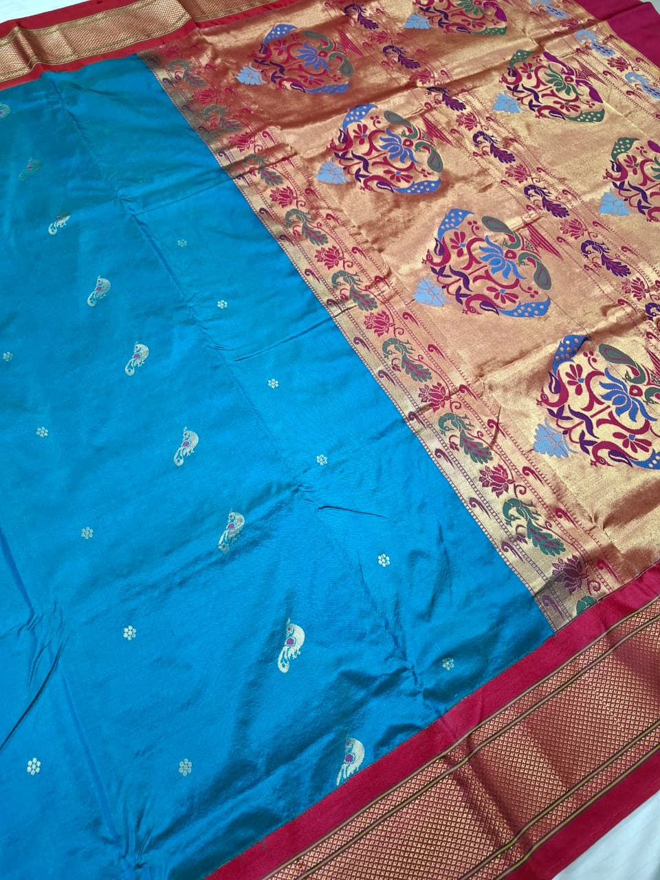 Teal Blue Paithani Silk with Peacock Motifs