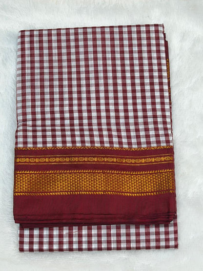 Premium Maroon & White Ilkal Mini Checks Saree with Gadwal border