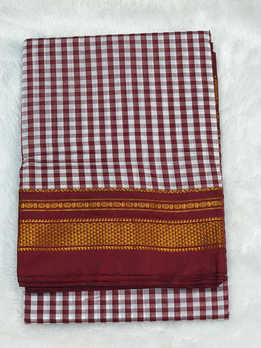 Premium Maroon & White Ilkal Mini Checks Saree with Gadwal border