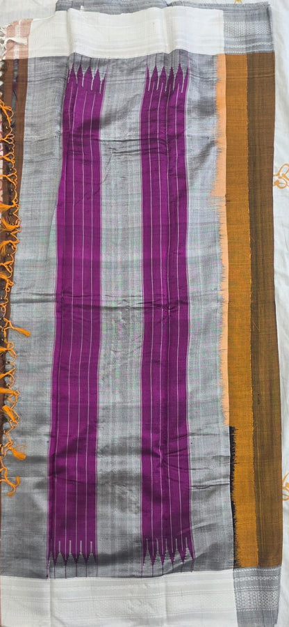 Dark Musturd- Grey Ilkal Viscose Handloom Saree with Silk Pallu