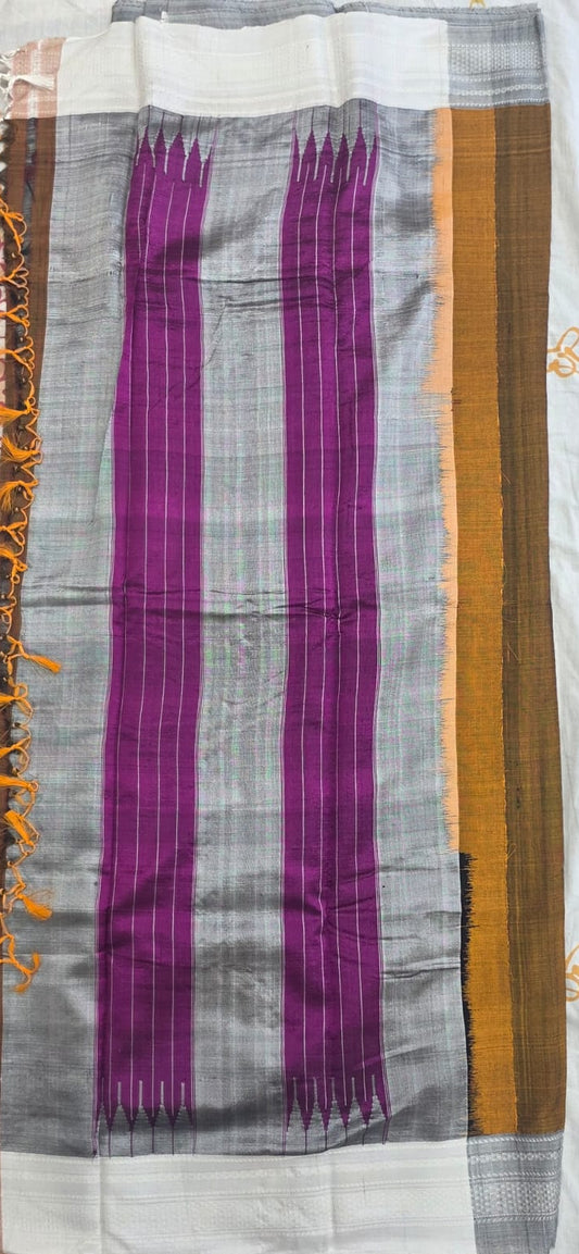 Dark Musturd- Grey Ilkal Viscose Handloom Saree with Silk Pallu