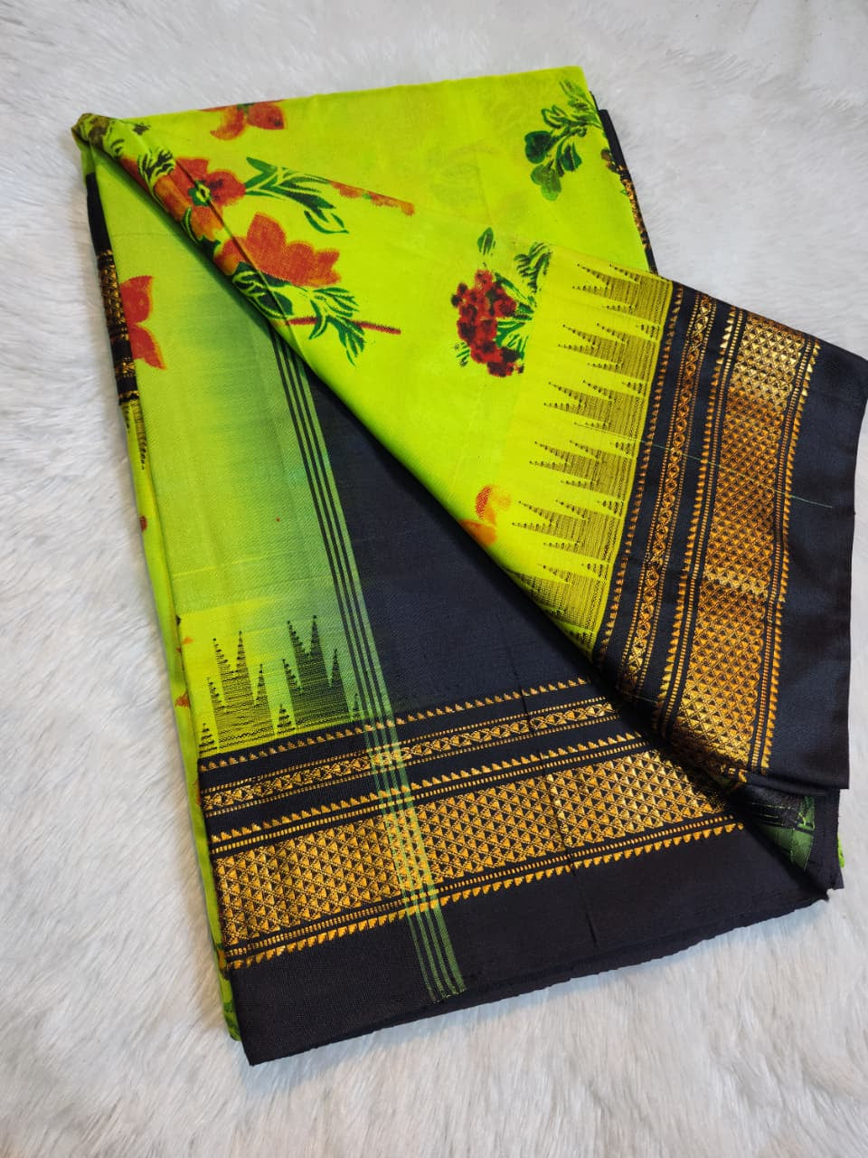 Vibrant Lime Green Ilkal–Kalamkari Floral print Fusion Saree