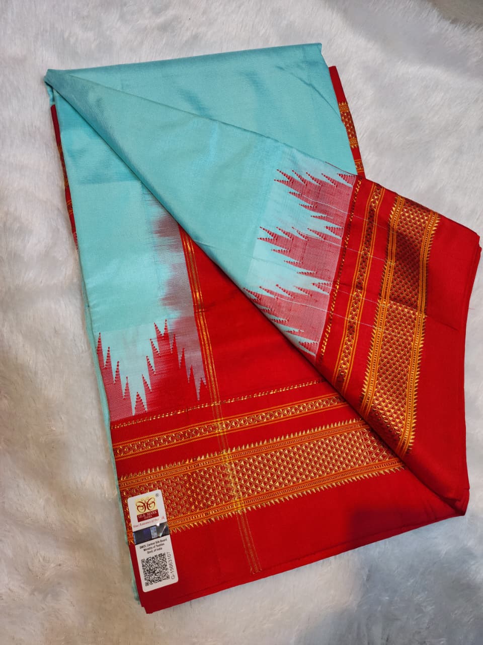 Aqua Blue Plain Ilkal Silk with Big Temple Border