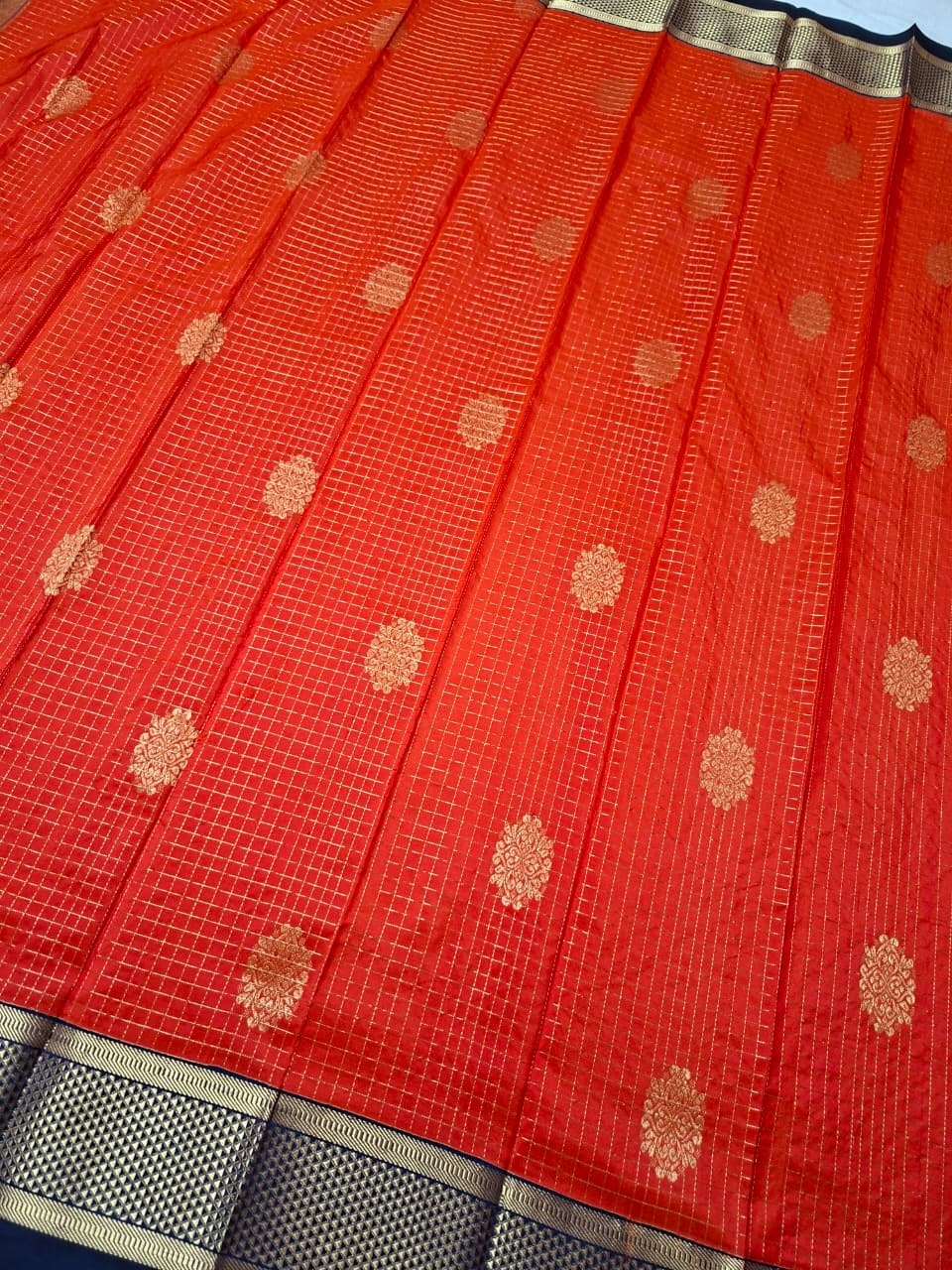 Orange -Navyblue Ilkal Gadwal Pure Silk Saree-Malbar edition with Butta