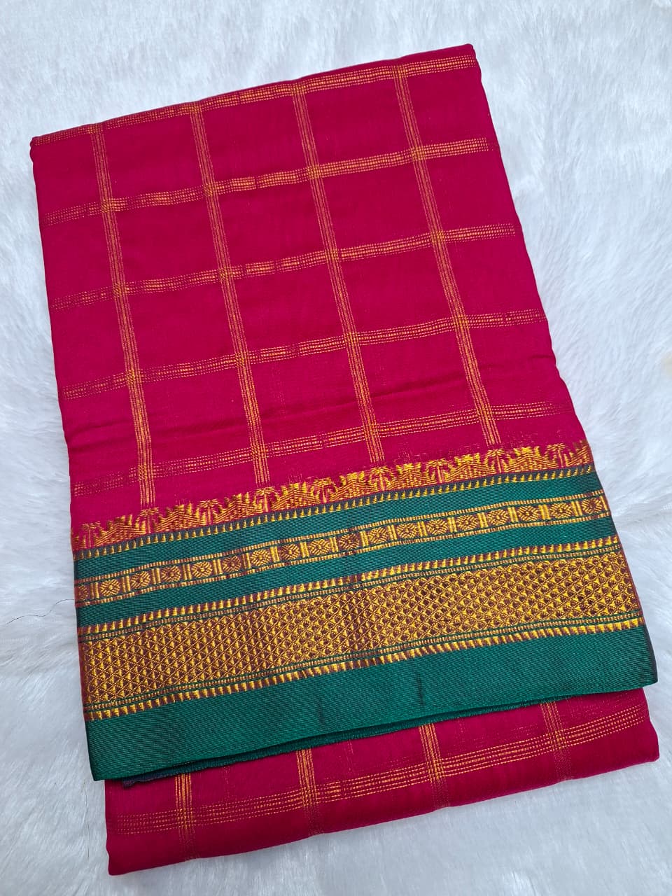 Rani Pink & Bottle Green  Big Jari Checks Ilkal Saree