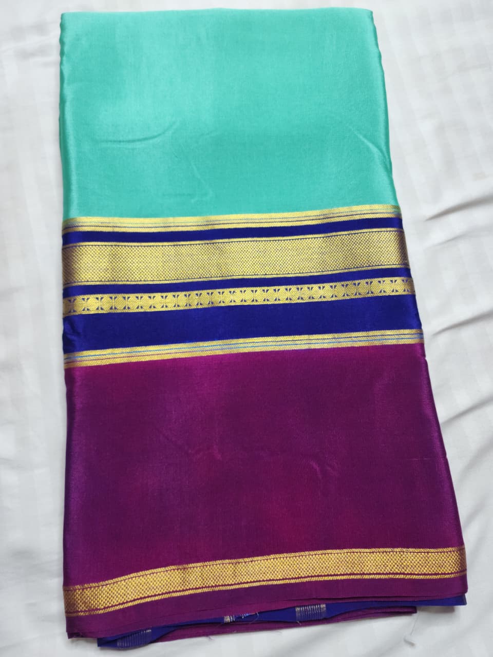 Mysore Silk Saree in Light Green, Navy & Maroon with Elegant Zari Detailing