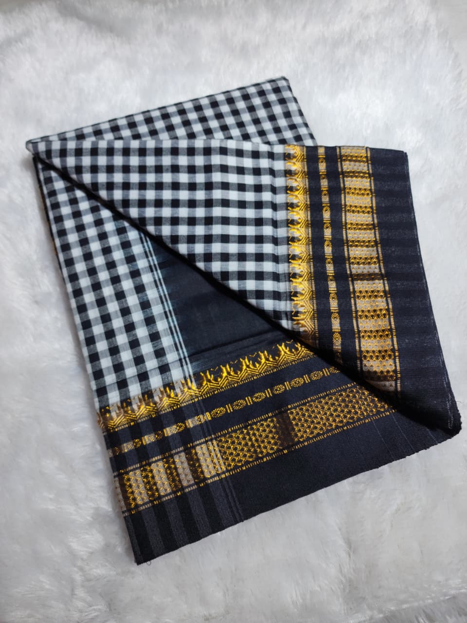 Black and White Ilkal mini Checks Saree with ilkal pallu