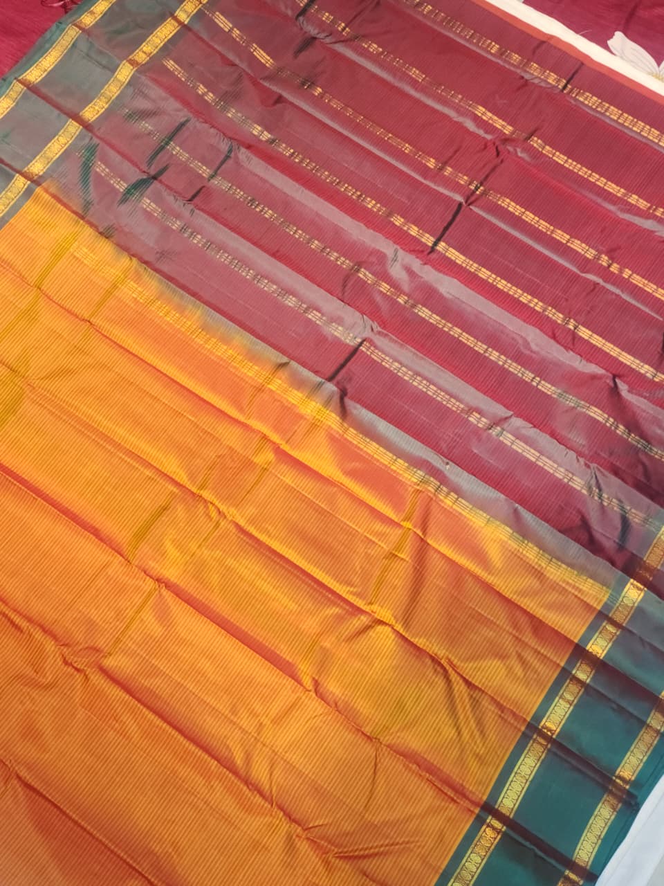 Burnt Orange & Emerald Green Gadwal Silk Saree