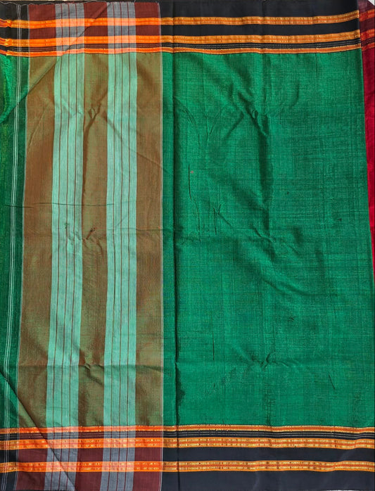 Emerald Green- black Ilkal Viscose Handloom Saree with Silk Pallu