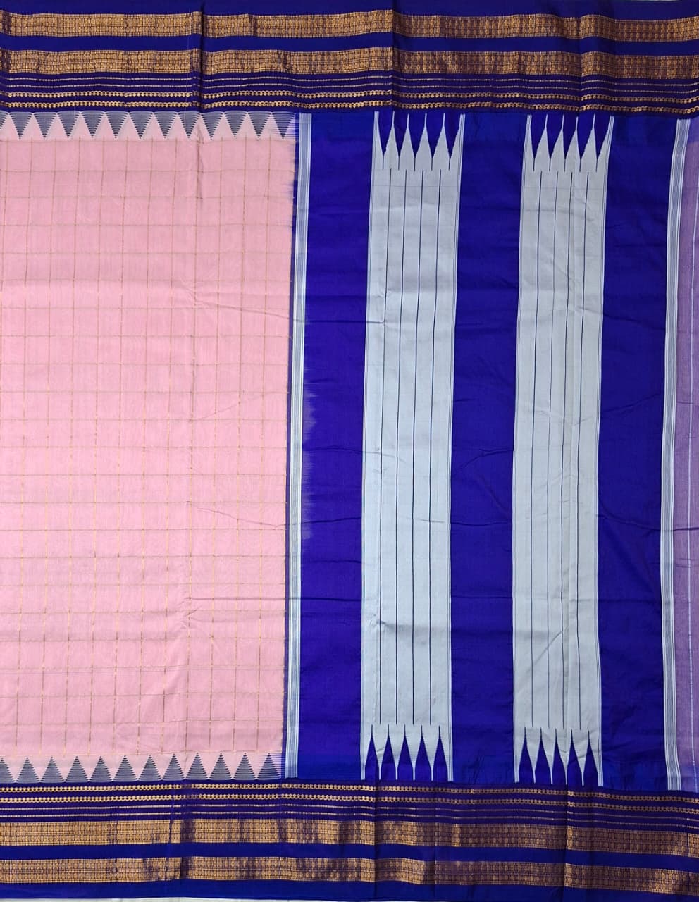 Blush Pink Big Checks Ilkal Saree with Royal Blue Big Border