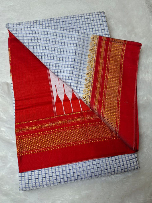 Ivory Whitethread chaduranga Ilkal with Gadwal  Vermilion Red Border