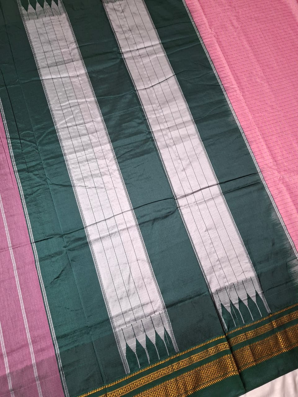 Blush Pink & Bottle Green Gadwal Chaduranga Ilkal Cotton Saree with Contrast Zari Border & Pallu