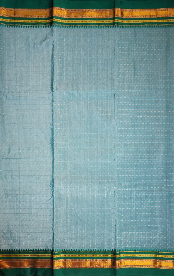 Blue-Green (teal) Ilkal Zig-Zag Cotton Saree with Contrast Zari Border & Pallu