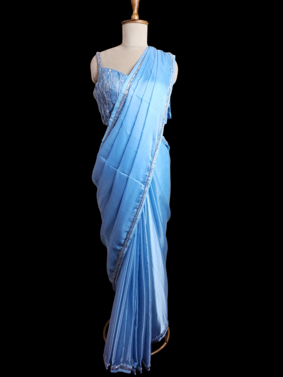 Crystal Dream – Sky Blue  Saree with Mirror-Work Blouse