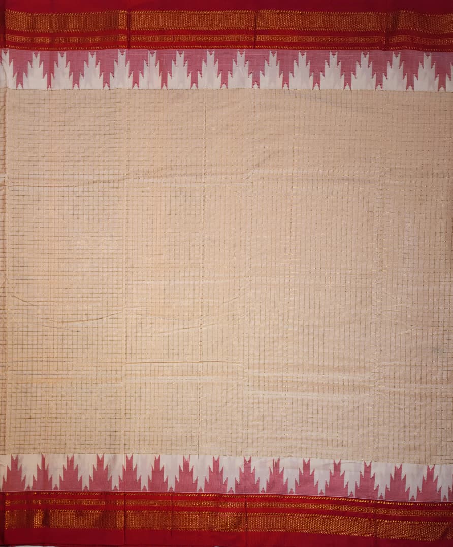 Peach-Beige Gadwal Chaduranga Ilkal Cotton Saree with Contrast Zari Border & Pallu