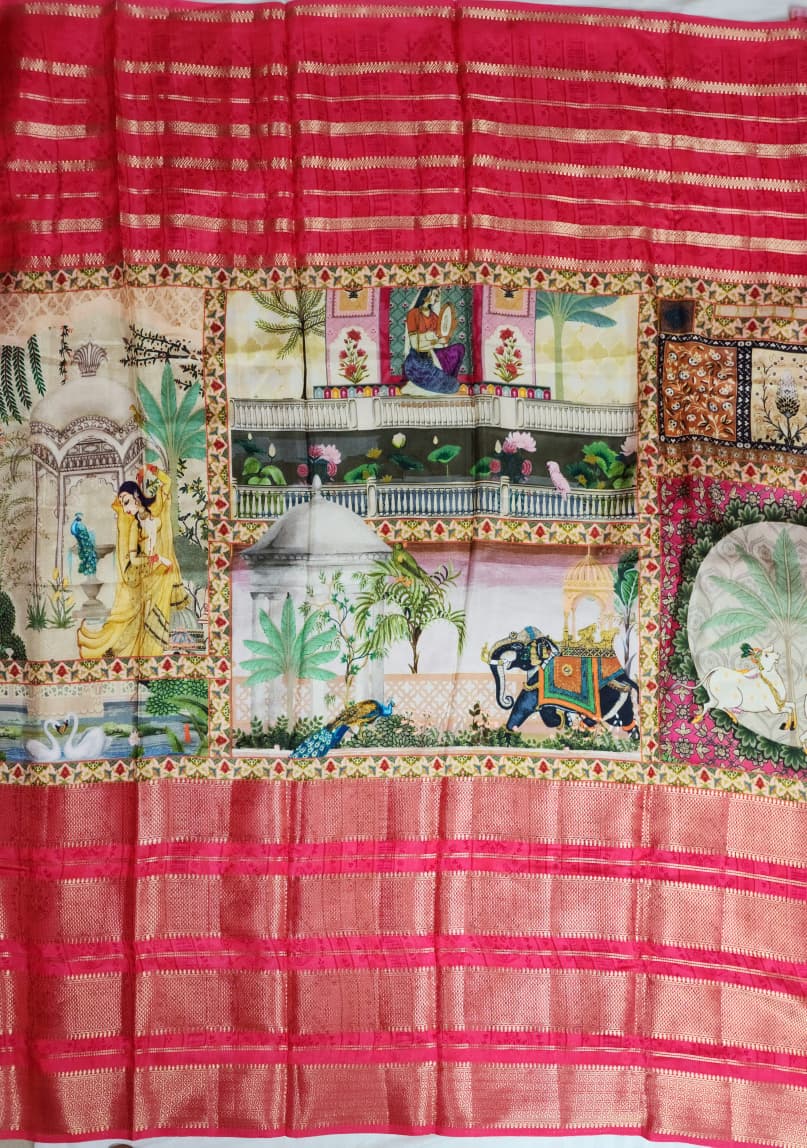 Cream colour Semi Mysore Silk 3D Print Kalamkari Saree