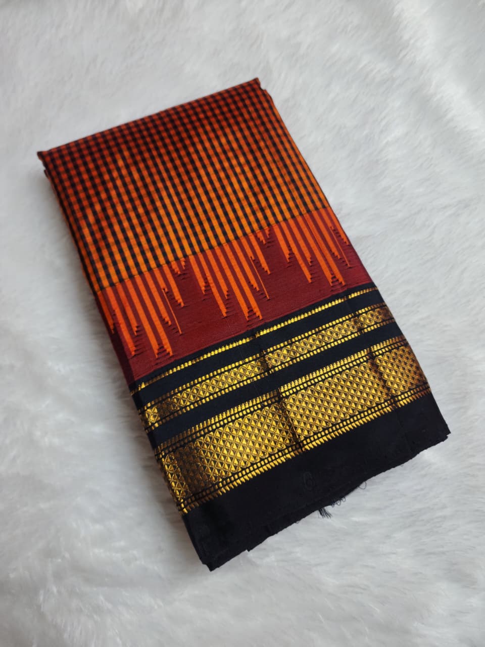 Rust Orange & Black Gadwal Ilkal Pure Silk Satrangi temple Checks