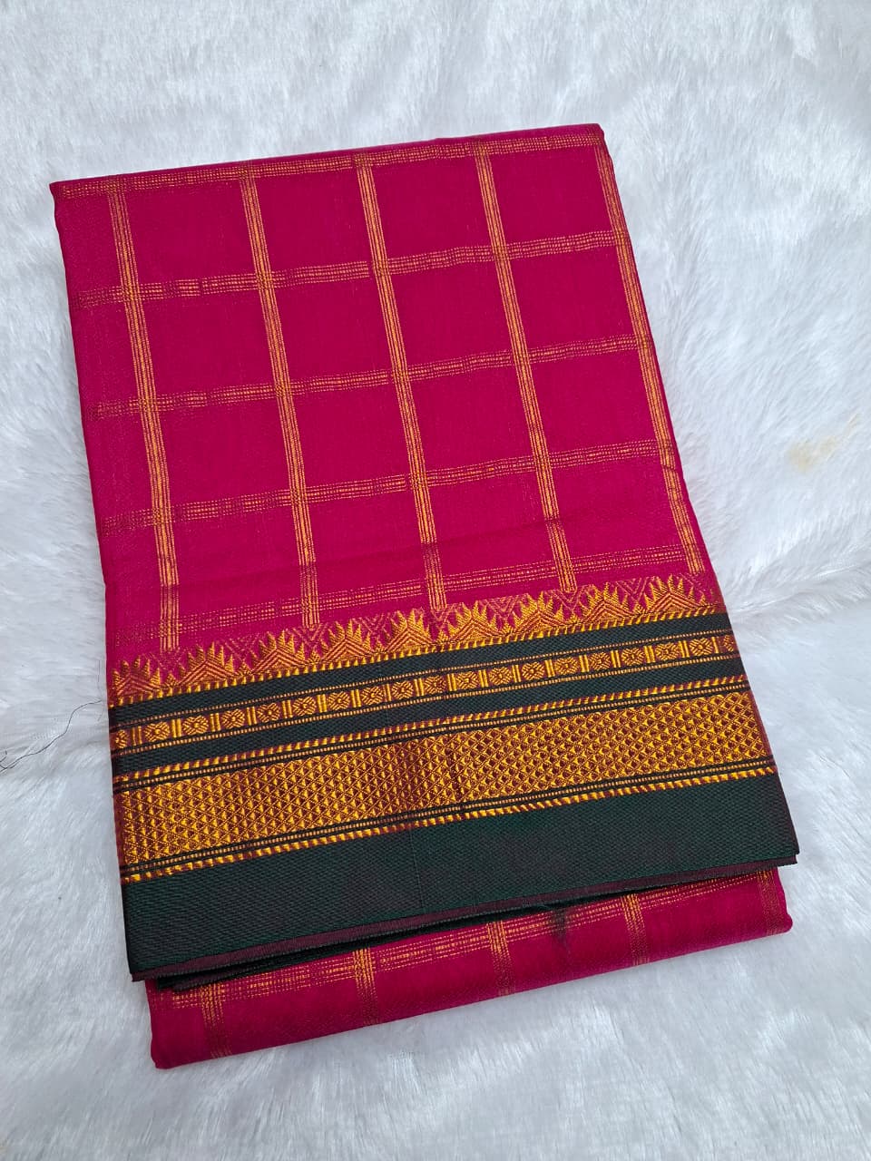 Rani Pink with Bottle Green  Big Jari Checks Ilkal Saree
