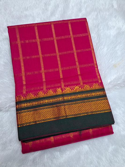 Rani Pink with Bottle Green  Big Jari Checks Ilkal Saree