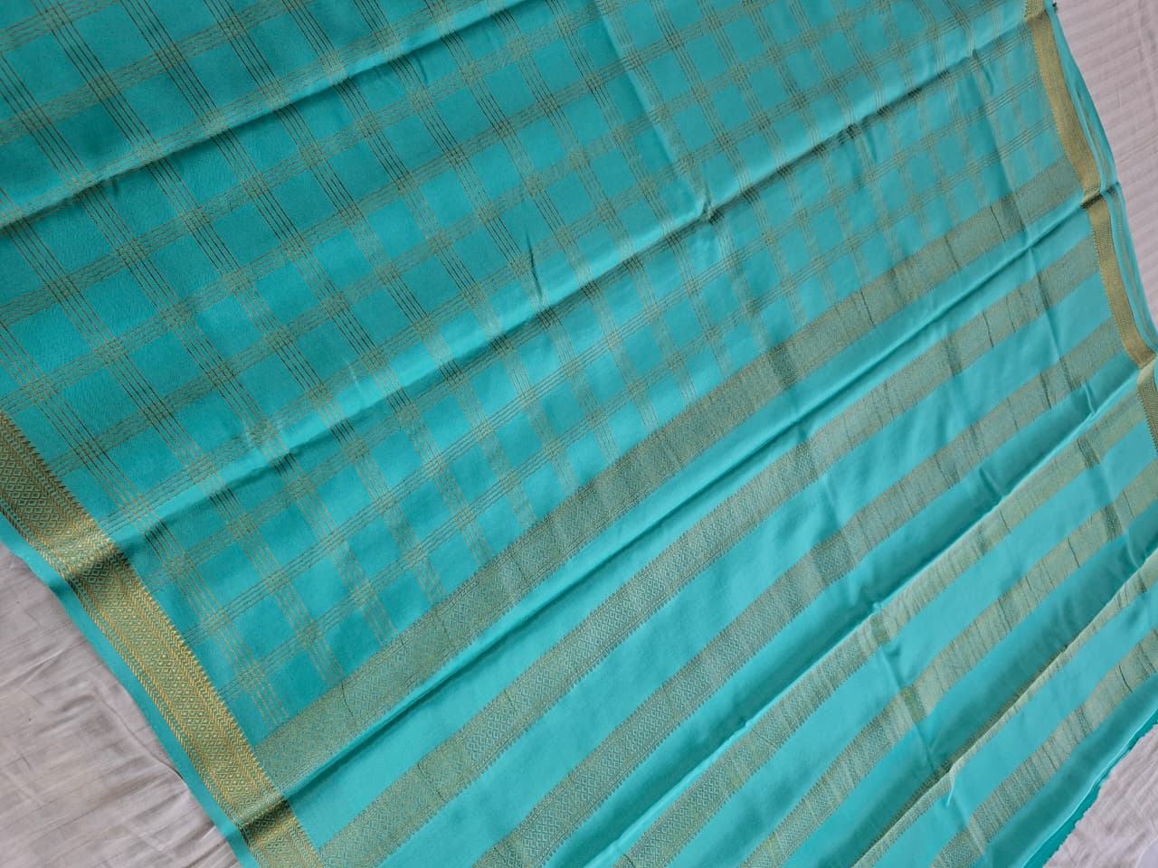 turquoise blue mysore crepe pure silk saree