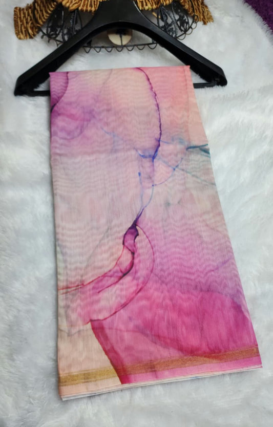 Blush Pink German Print Saree with Sunset Tones