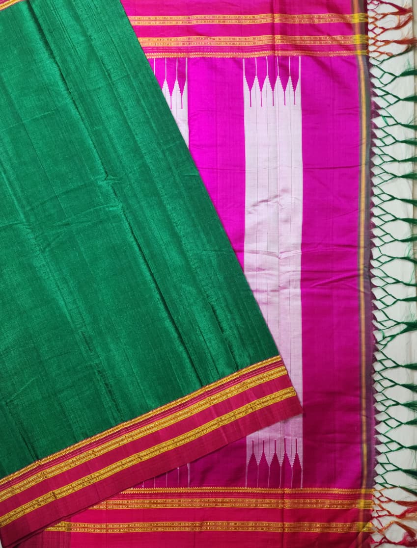 Emerald Green Ilkal Cotton Handloom Saree with Gayathri Plain Border