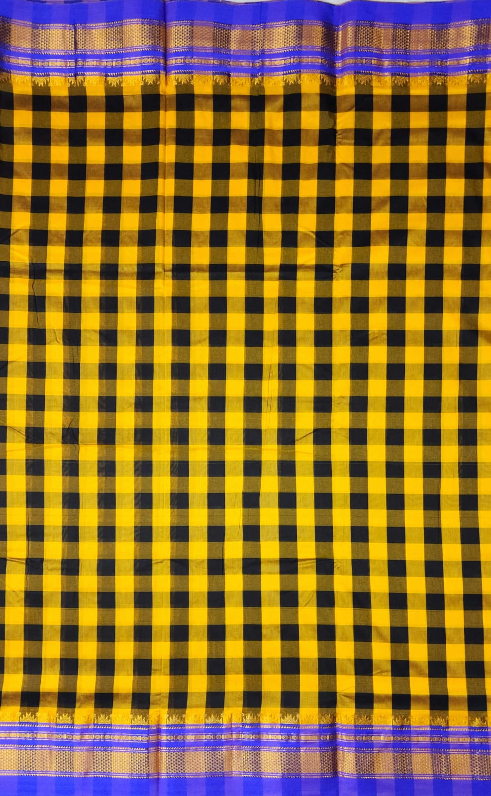 Mustard Yellow and Deep Black Ilkal Big Checks Saree with Rich Pallu