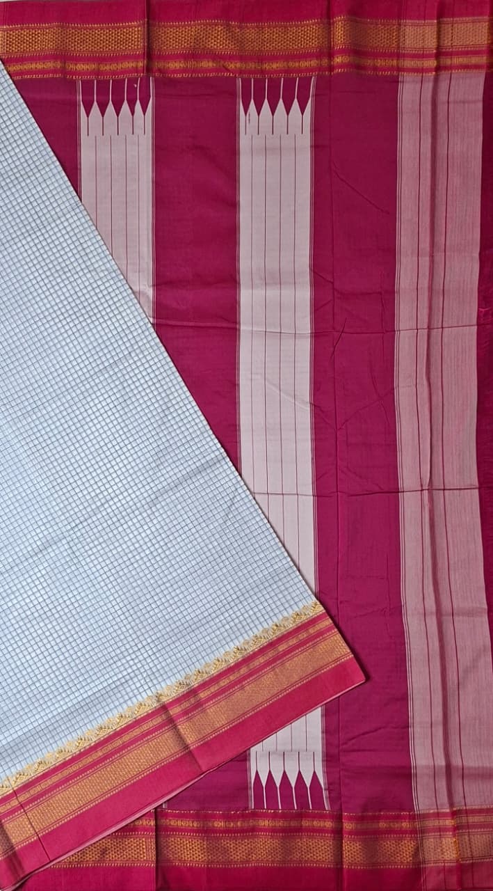 Pearl White thread chaduranga Ilkal with Gadwal Rani Pink Border
