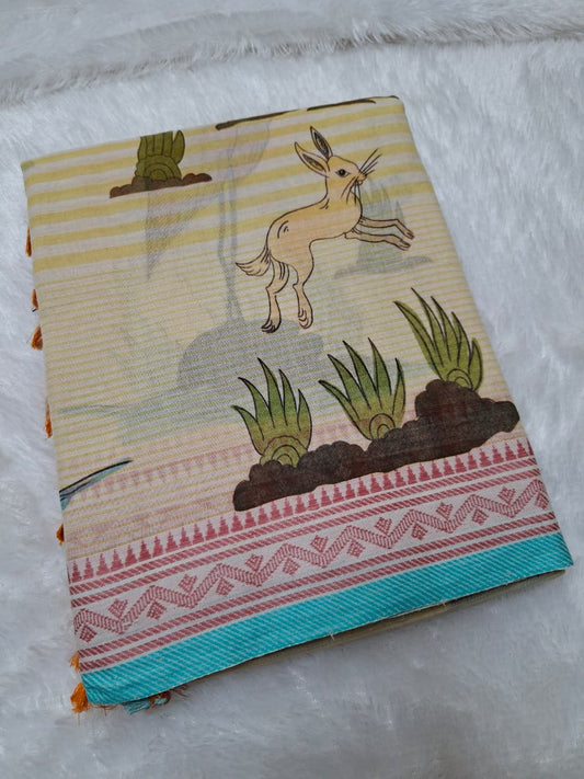 Kalamkari Beige Base-Red border Khadi Cotton with Digital Print