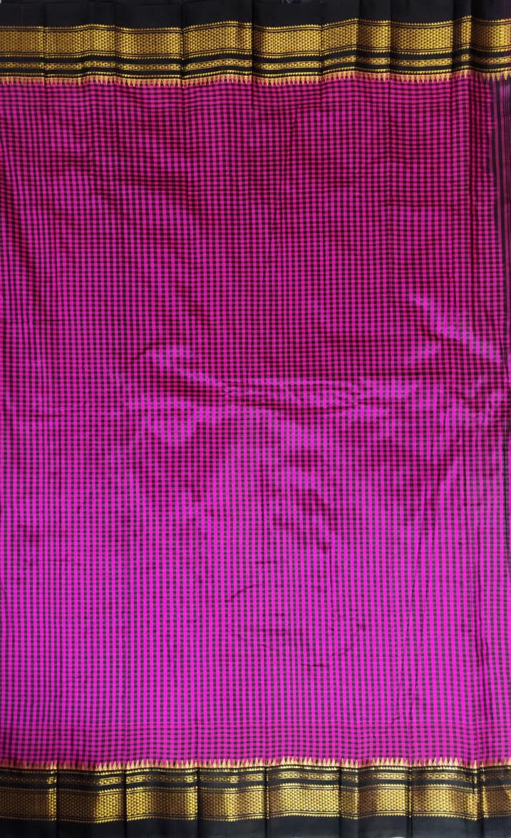 Pink Black Checks Gadwal Ilkal Silk Saree