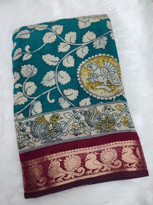 Teal Green & Ivory Kalamkari Cotton Saree with Maroon Zari Border