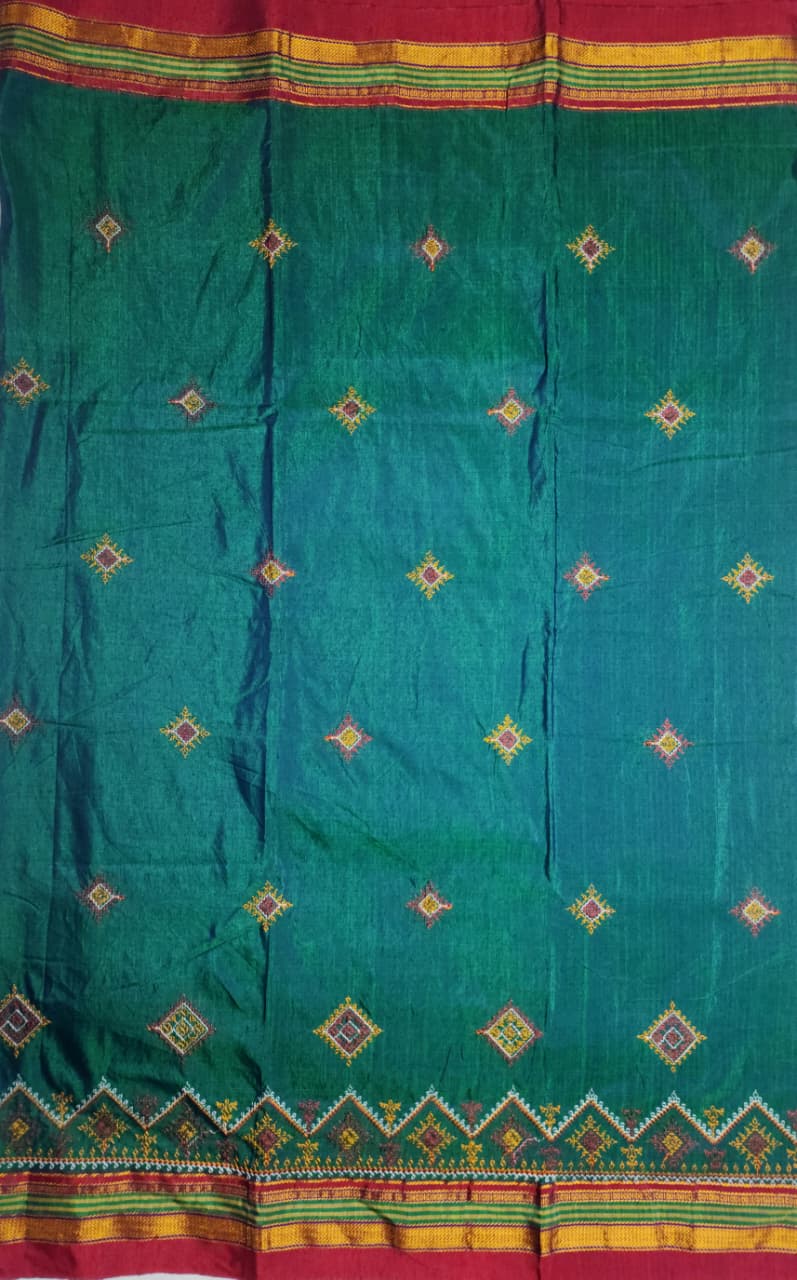 Teal Green Ilkal Kasuti Saree with Contrast Border